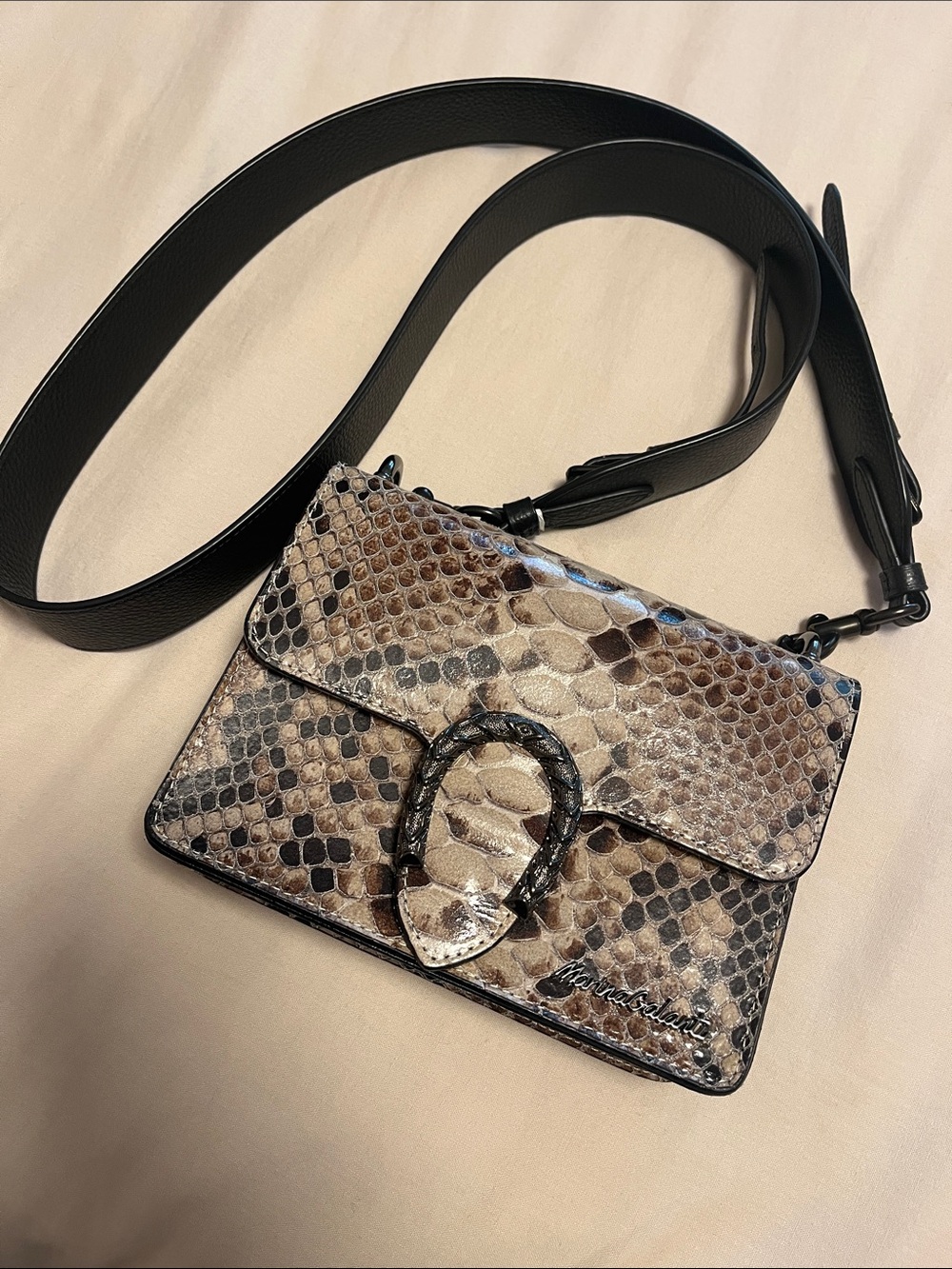 Snake-Embossed Crossbody Italian Leather Brown-Black Bag with Wide Strap
